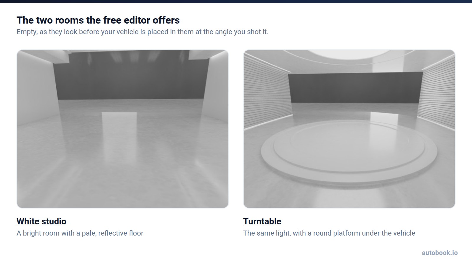 The two empty showroom rooms the free editor offers: White studio, a bright room with a pale floor, and Turntable, a room with a round platform in the middle